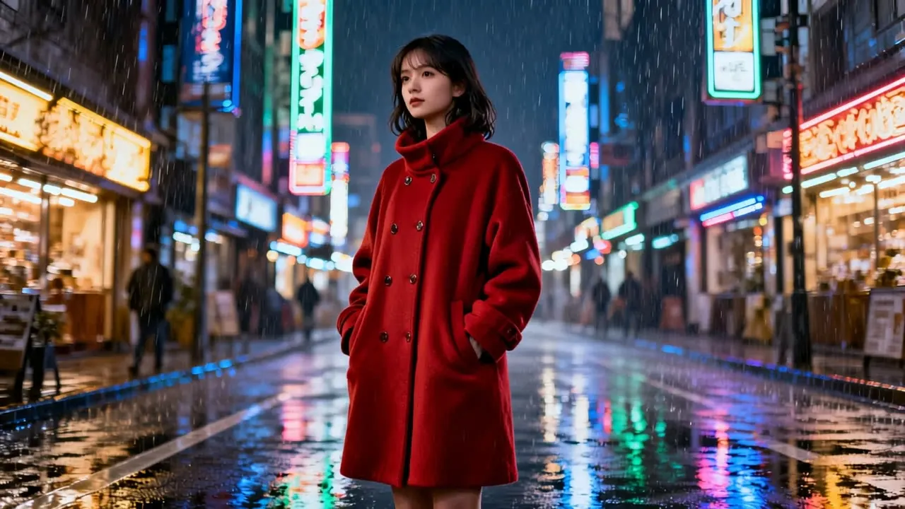 Vidu Q4 短剧示例画面：雨夜霓虹街头穿红色大衣的女子